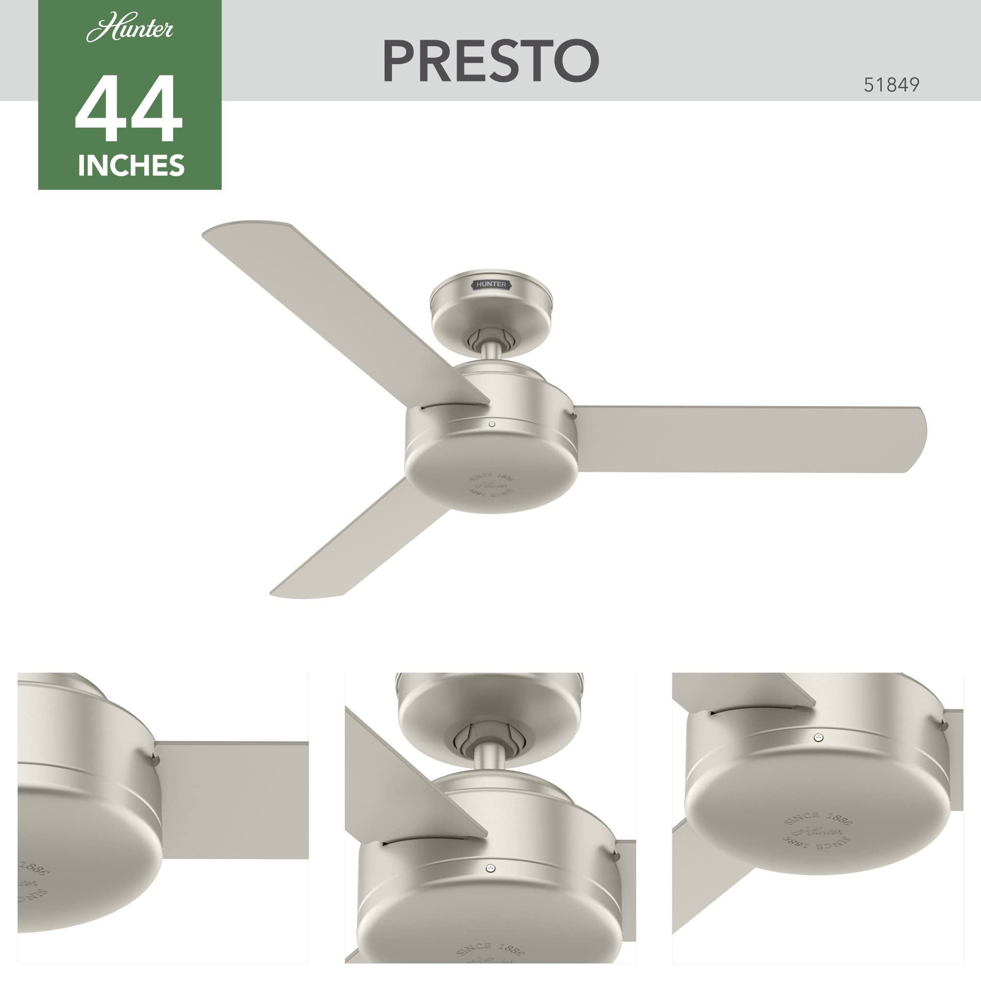 Hunter Fan Company 51849 Presto Ceiling Fan, Matte Nickel, 10.09X44X44
