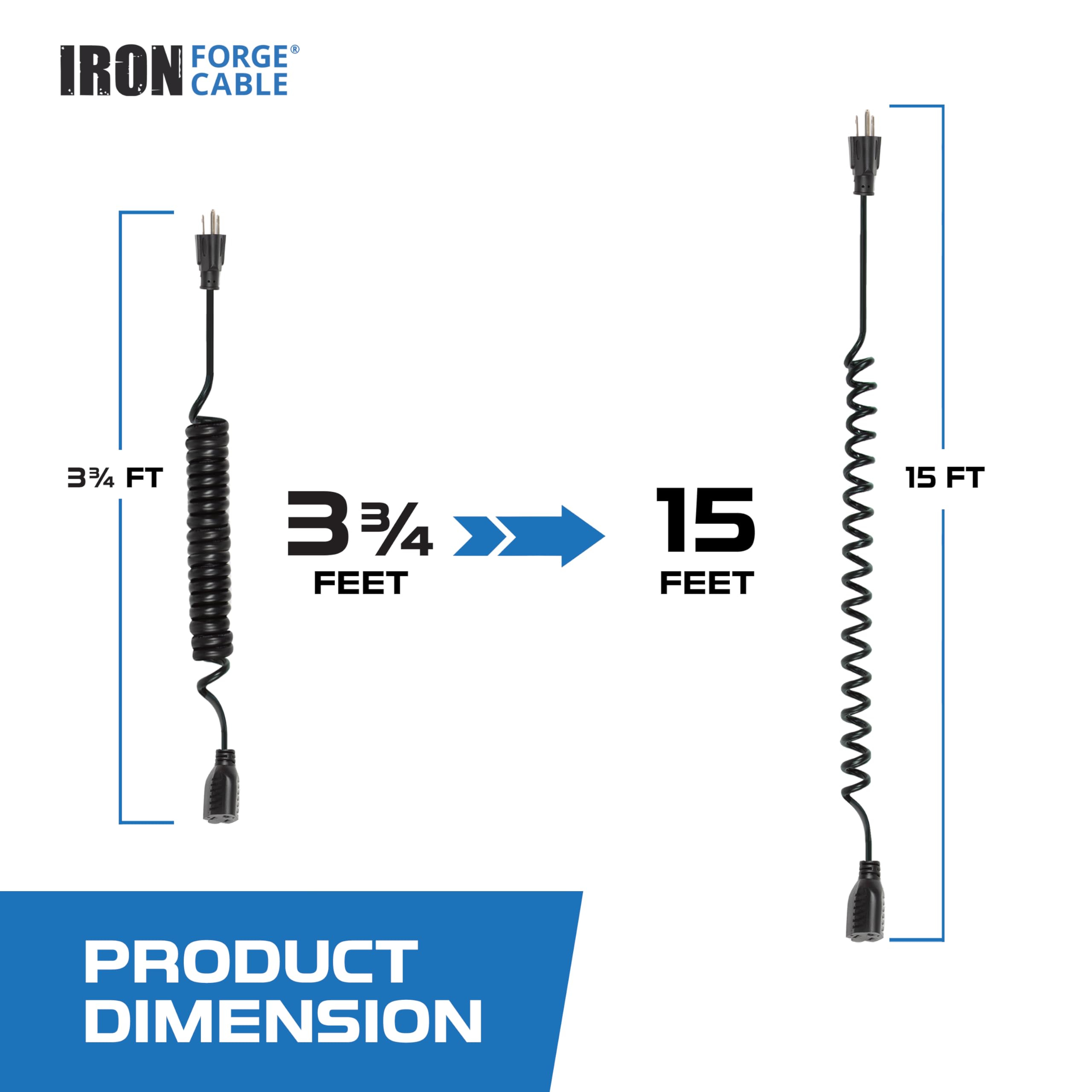 Iron Forge Cable Sjeow Black Outdoor Coiled Extension Cord 15 Ft,13 Amp Oil Resistant & Flame Retardant 3 Prong Coiled Electrica