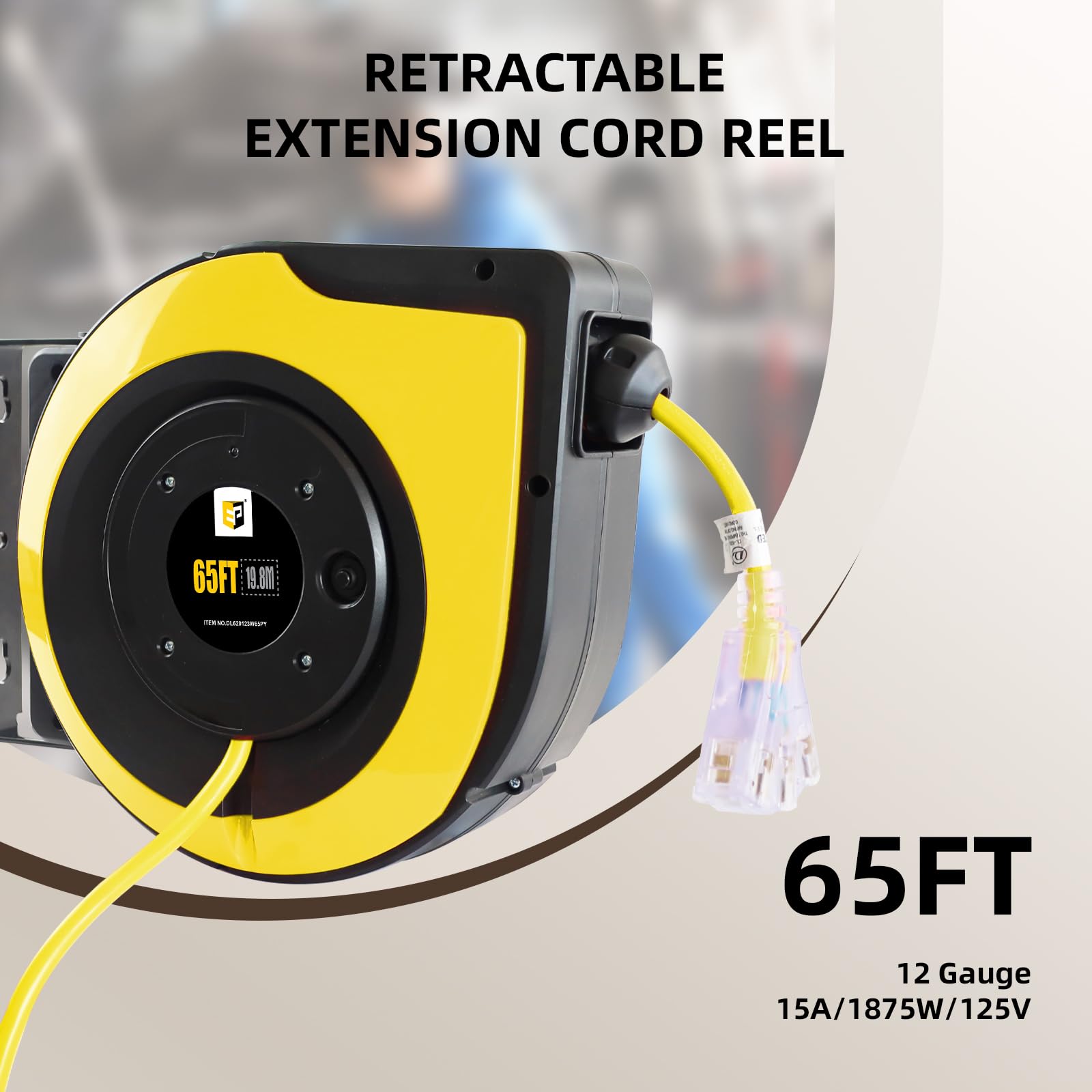 Ep Retractable Extension Cord Reel,65 Feet 12 Awg/3C Sjtow Heavy Duty Power Cord,15 Amp Circuit Breaker, 3 Lighted Triple Outlet