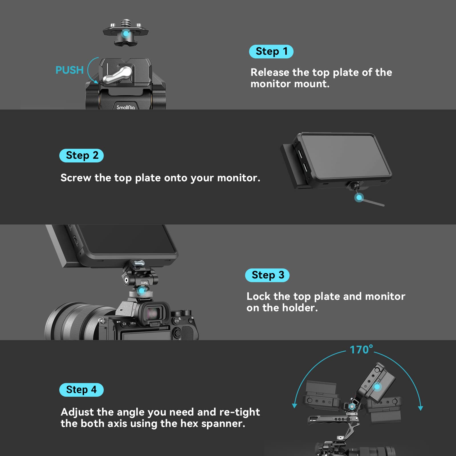 Smallrig Quick Release Camera Monitor Mount With Cold Shoe, Supports Swivel 360 And Tilt 170 Adjustable, Drop-In Hawklock Camera