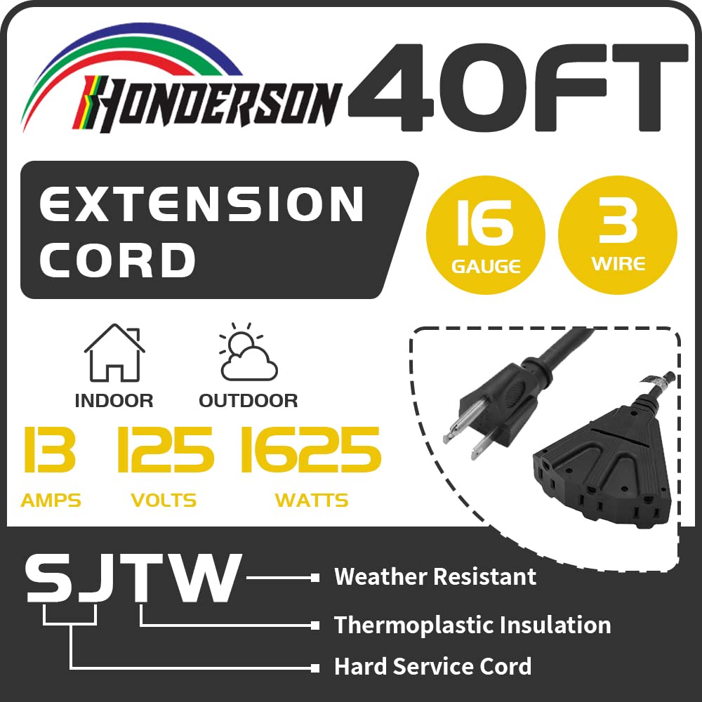 Honderson 3 Outlets Indoor Outdoor Extension Cord Weatherproof, Ul Listed, 16 Gauge 40Ft Black 3 Prong Heavy Duty, 16/3 Sjtw 13A