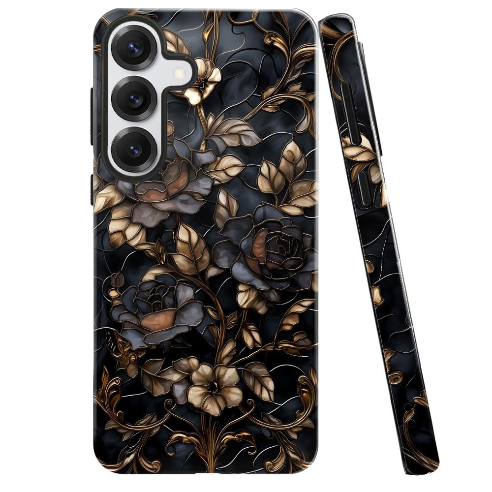Case for Samsung Galaxy S25,Stained Glass Gold Dark Academia Flower Phone Case Military-Grade Drop Protection Cover for Women Gi