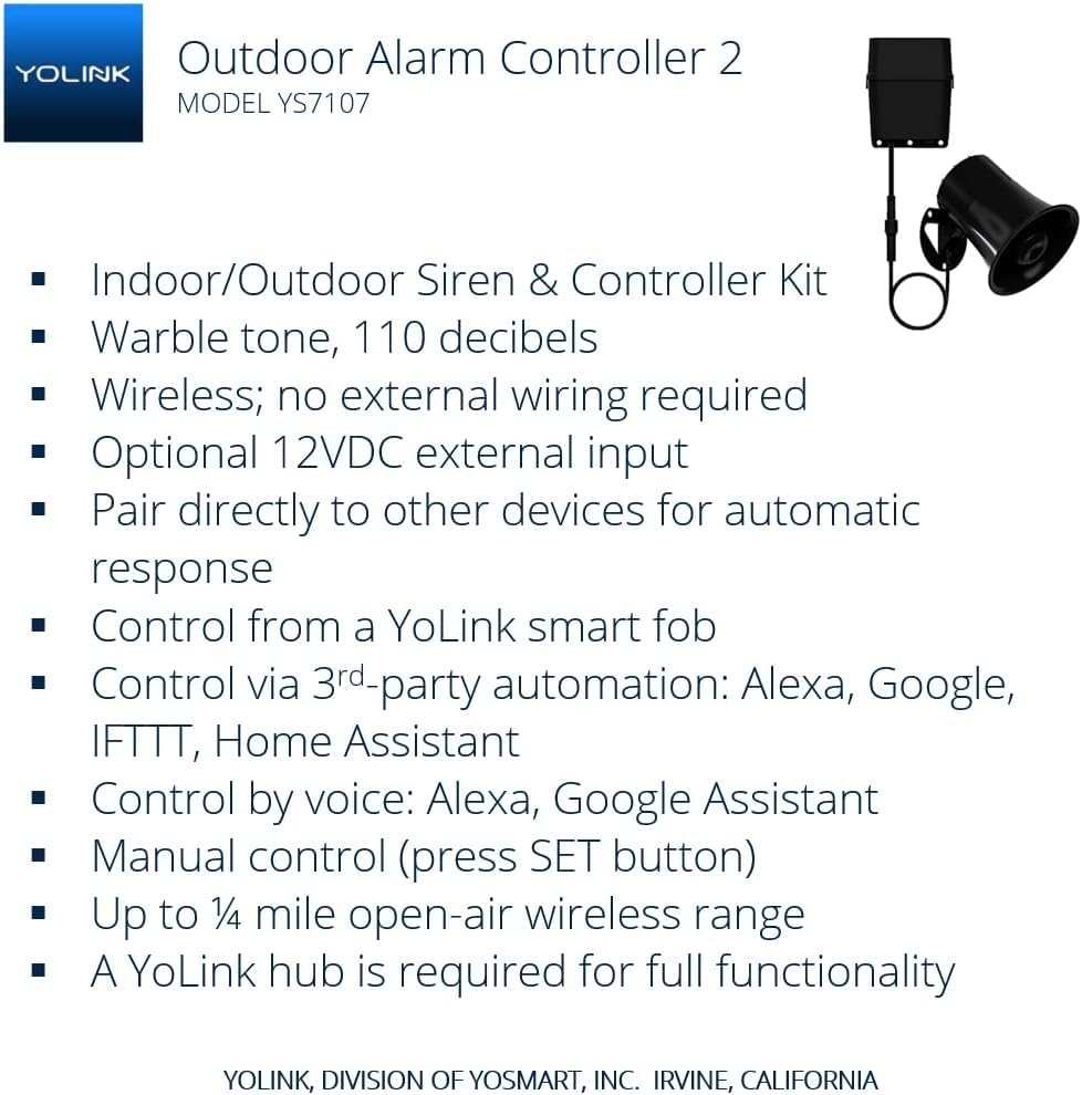 Outdoor Alarm Controller 2, Battery Powered Siren/Alarm/Relay Controller, 12Vdc Out, Optional 12Vdc In, Up To 1/4 Mile Open Air Range, 110Db Siren Included, Yolink Hub Required For Full Functionality!