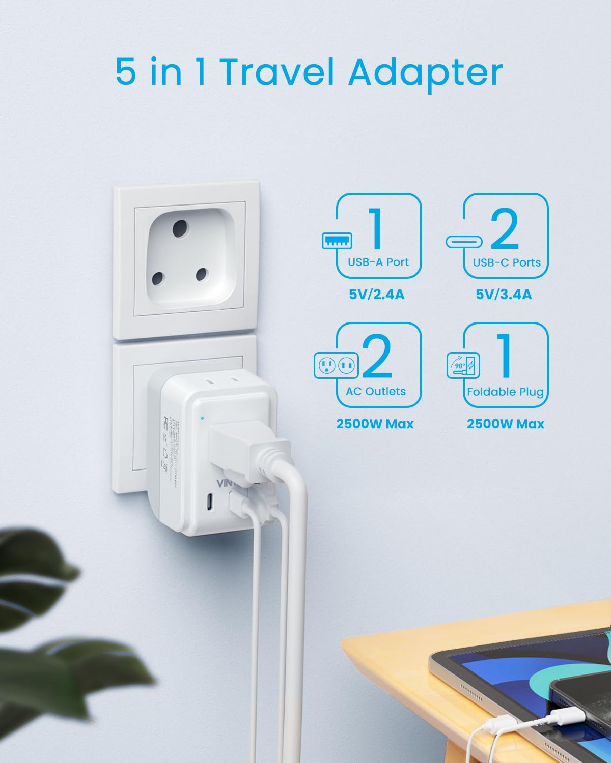 3 Pack South Africa Plug Adapter, Vintar Foldable Type M Adapter For South Africa With 2 Ac Outlets 3 Usb Ports(2 Usb C), Africa