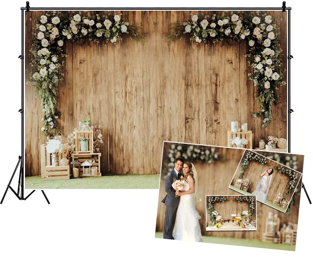 Dashan 10X6Ft Polyester Wedding Backdrop Rustic Floral Flower Wood Wall Backdrop Bridal Shower Reception Ceremony Photography Ba