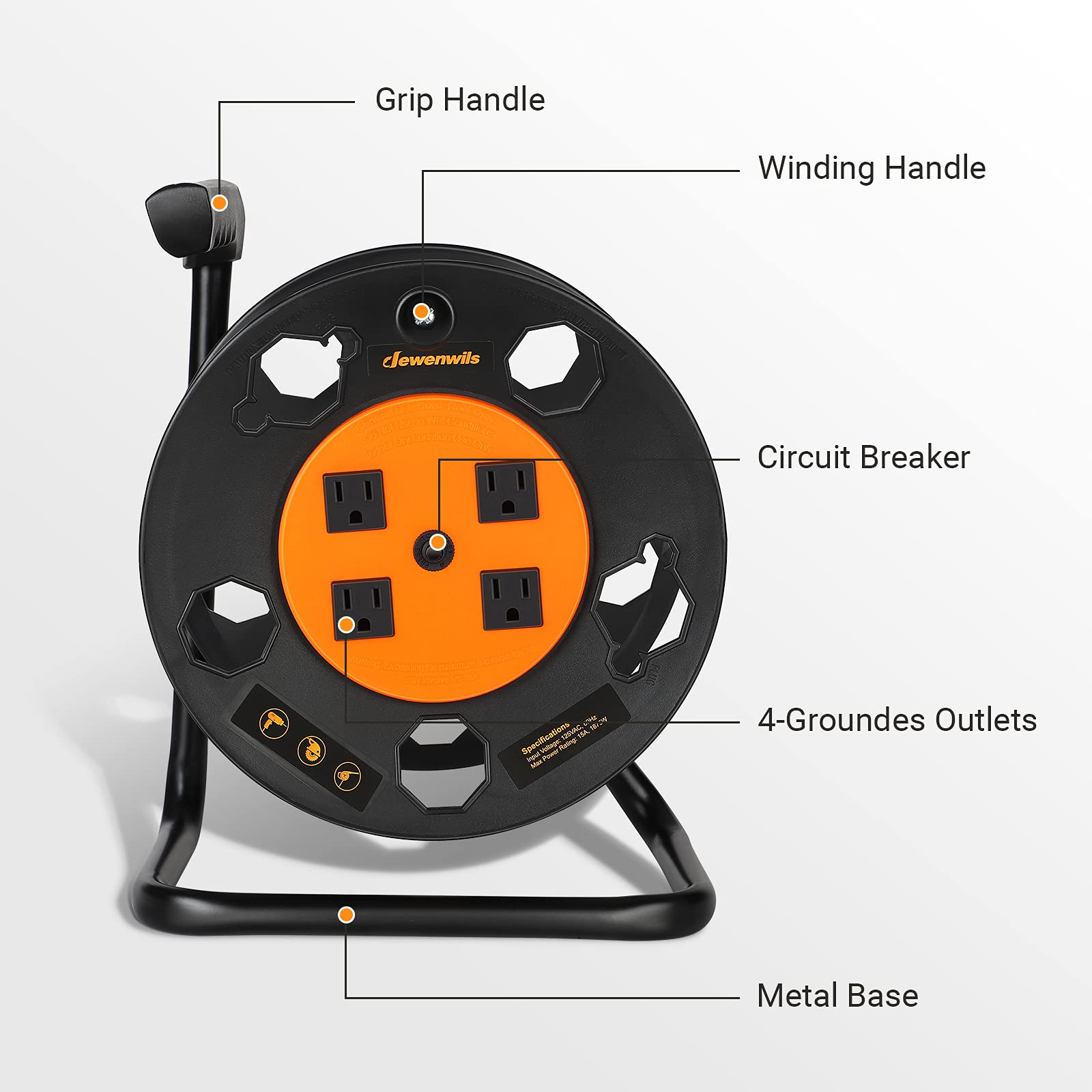 Dewenwils Extension Cord Storage Reel, Heavy Duty Open Cord Reel With 4 Grounded Outlets, 12/3,14/3,16/3 Gauge Power Cord Reel,