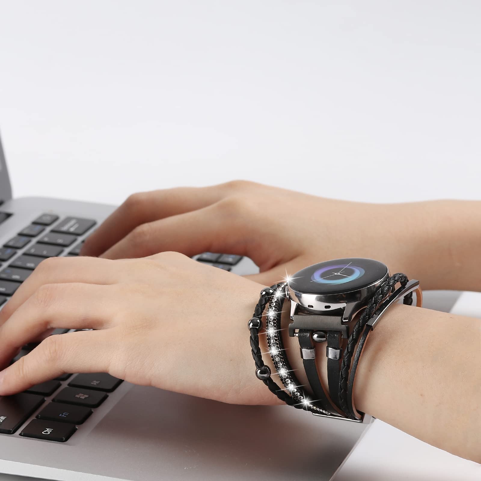 Posh Leather Bands For Samsung Galaxy Watch 5/Watch 6/Galaxy Watch 4 Band 40Mm 44Mm/Galaxy Watch 5 Pro Band/Watch 4/ Watch 6 Classic Band, 20Mm Boho Bracelet Handmade Strap For Women (Solid Black)