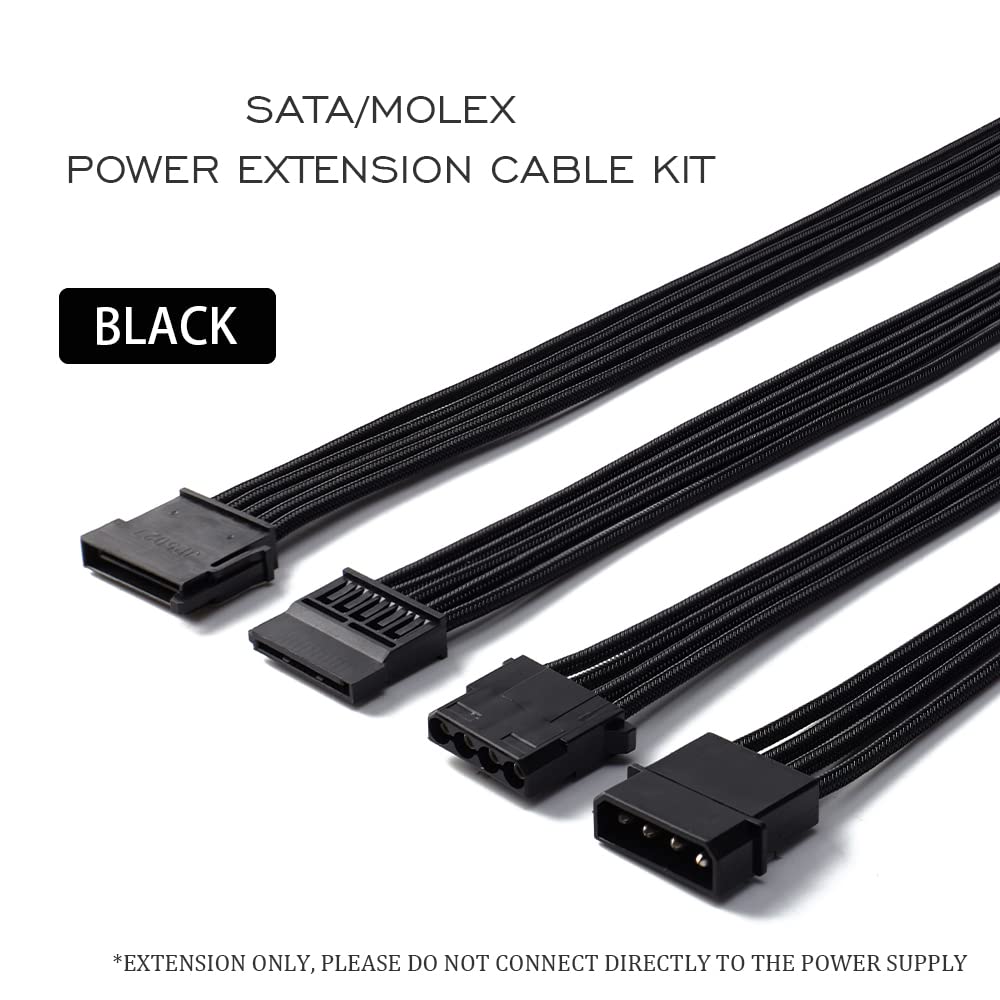 Formulamod Sata + Molex Power Extension Cable Kit, Male To Female 11.8 Inch Extender Sleeve Power Cables (Black)