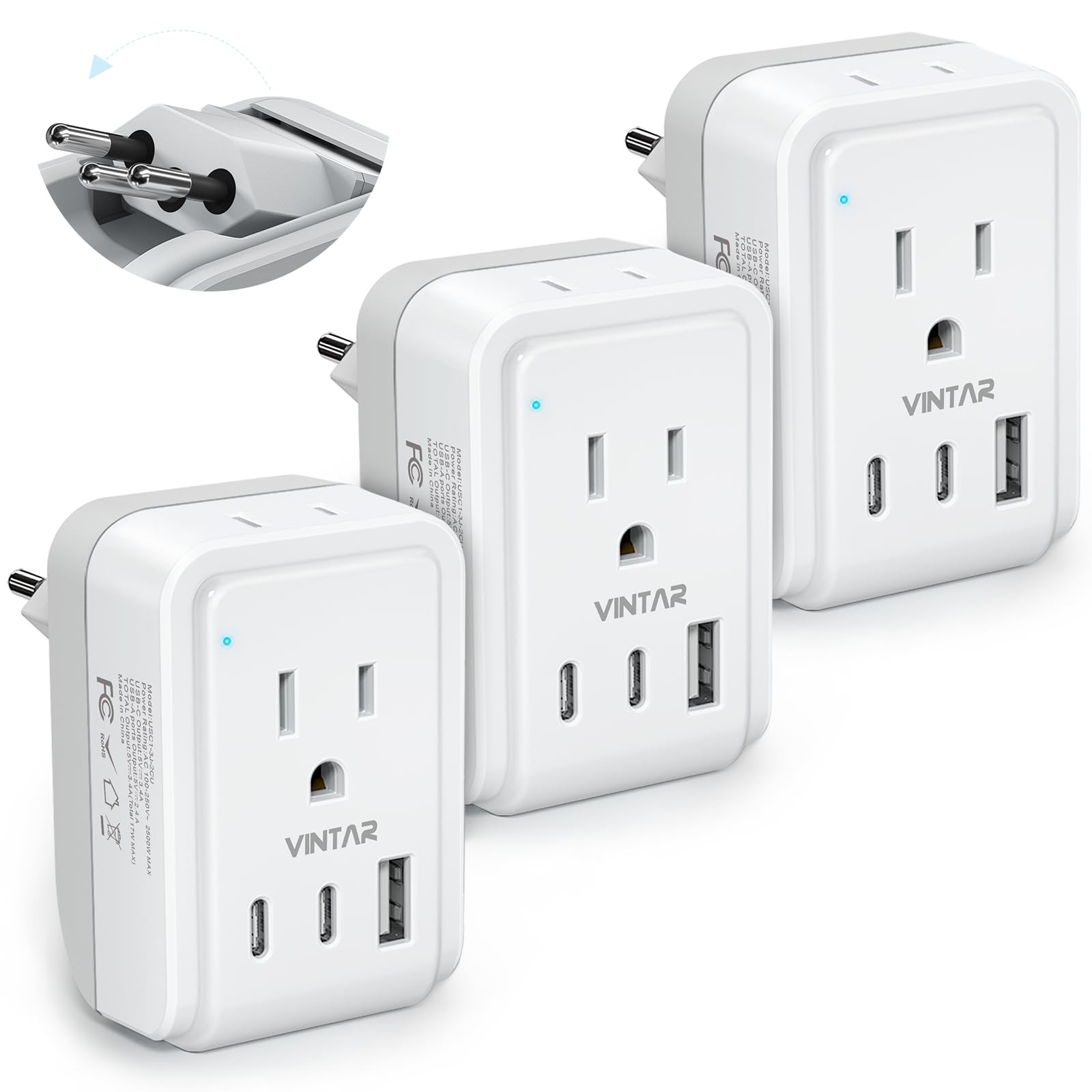 [3 Pack] Switzerland Power Adapter, Vintar Foldable Type J Adapter Switzerland With 2 Ac Outlets 3 Usb Ports(2 Usb C), Swiss Plu