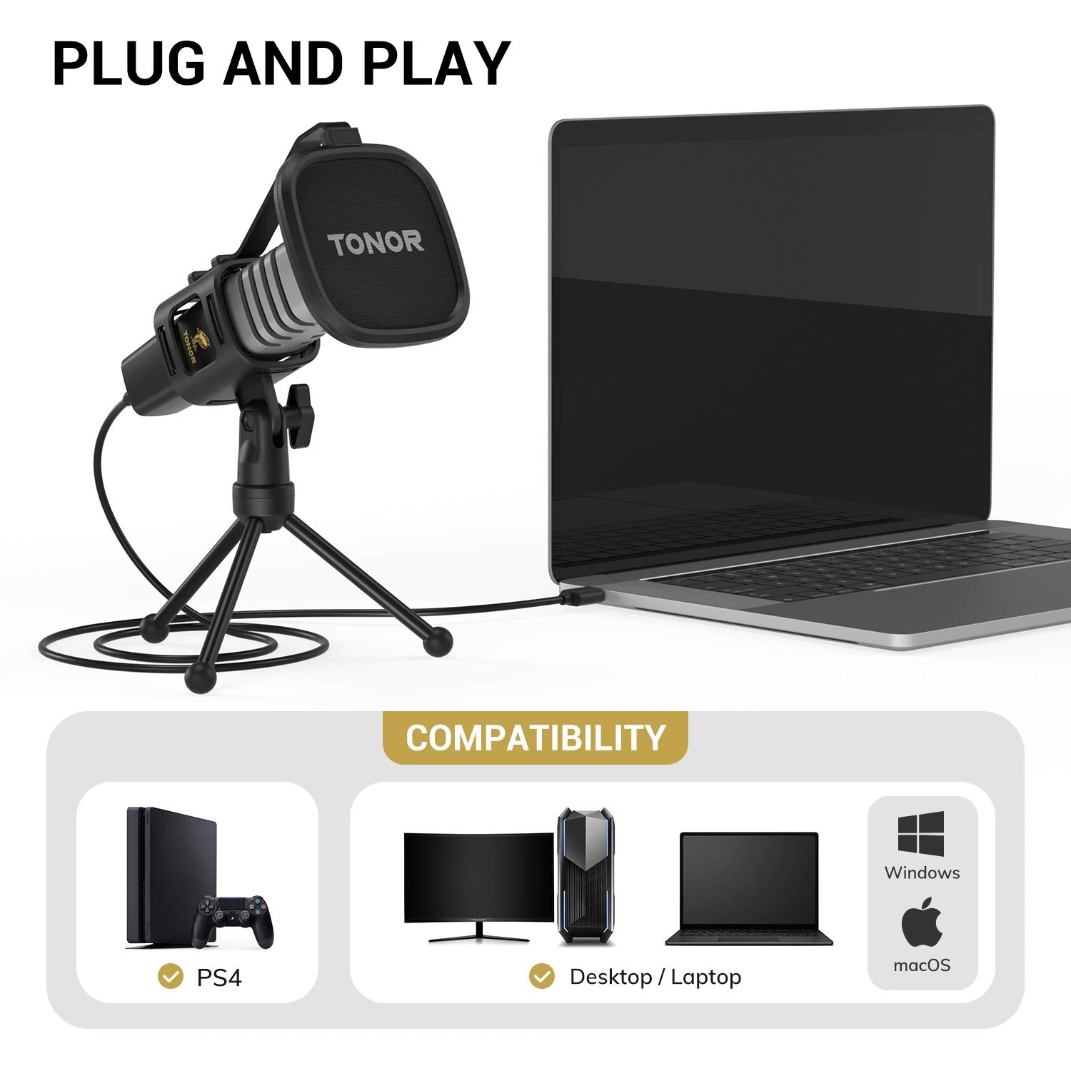Usb Microphone, Tonor Cardioid Condenser Computer Pc Mic With Tripod Stand, Pop Filter, Shock Mount For Gaming, Streaming, Podca