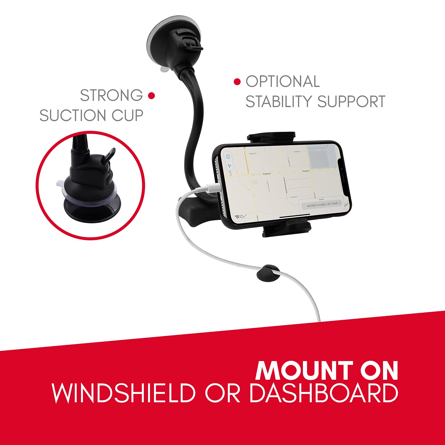 Macally Windshield Phone Mount For Car, Super Strong Suction Cup Phone Holder For Truck   Universal Gooseneck Window Phone Mount