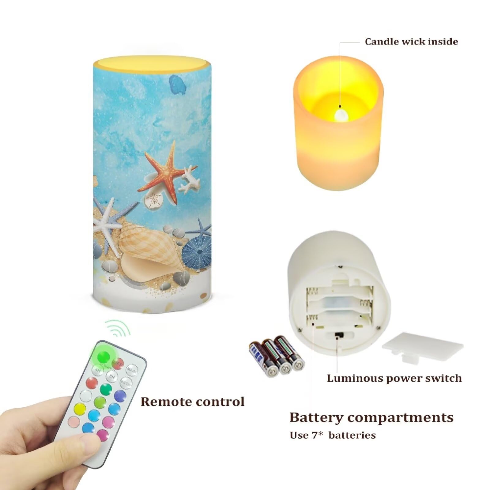 Poceacles Beach Starfish Conch Blue Flameless Candle Battery Powered With Remote Control 12 Colors 4/8 Hours Timer Led Night Lig