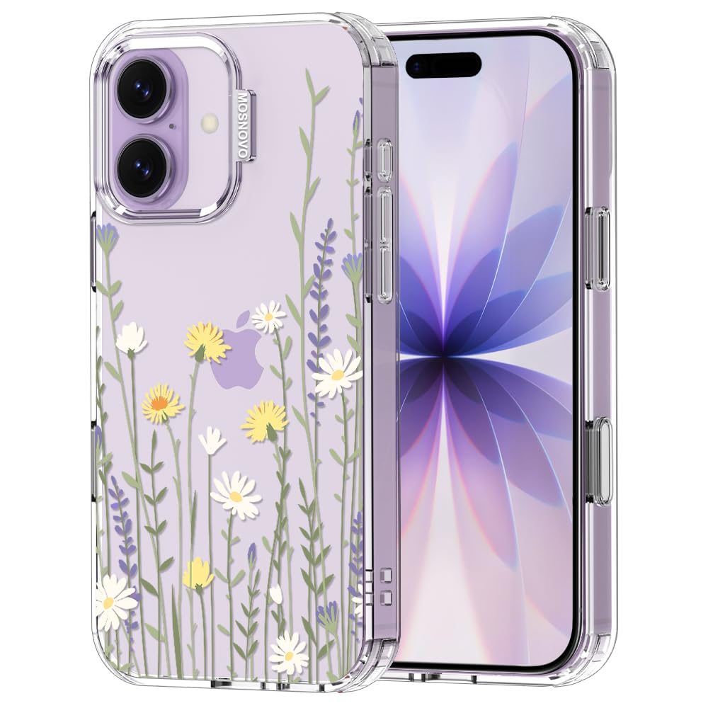 MOSNOVO for iPhone 17 Case | Military Grade 6.6ft Drop Tested | Camera Control | Clear with Wild Meadow Design
