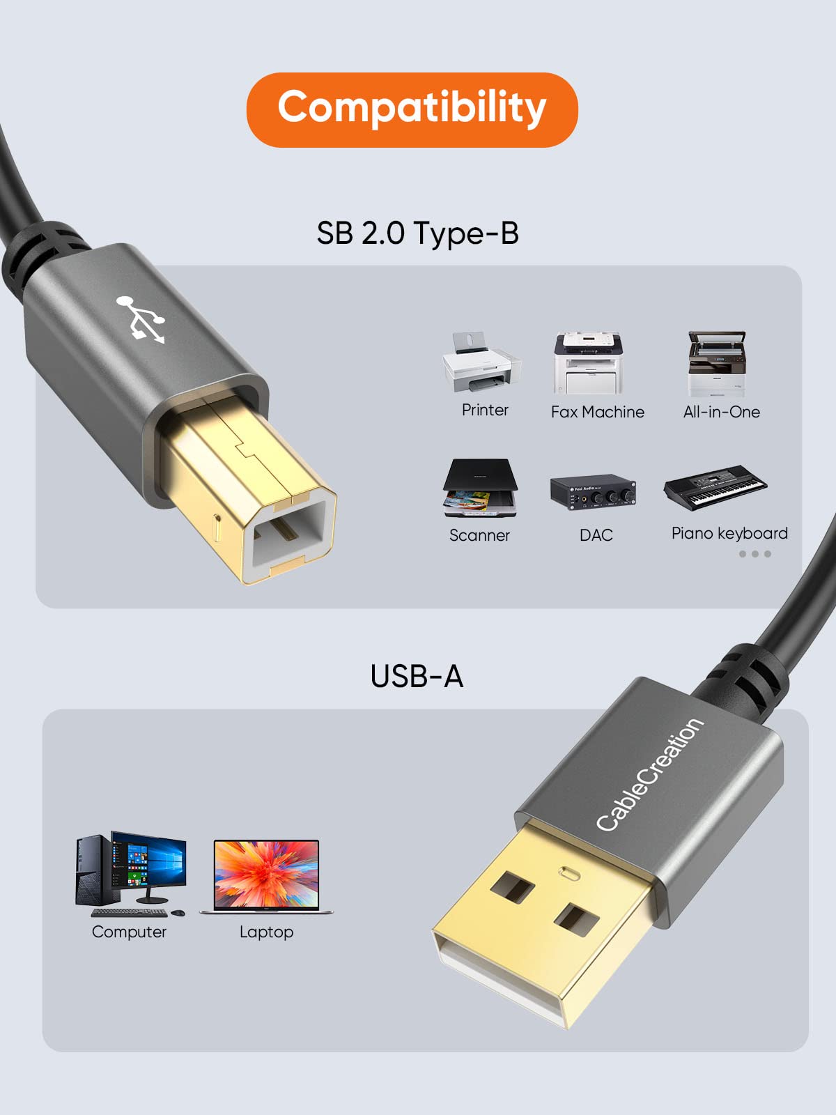 Cablecreation Long Usb Printer Cable 15 Feet, Usb Cable For Printer To Computer, Usb A Male To B Male Printer Cord For Hp, Broth