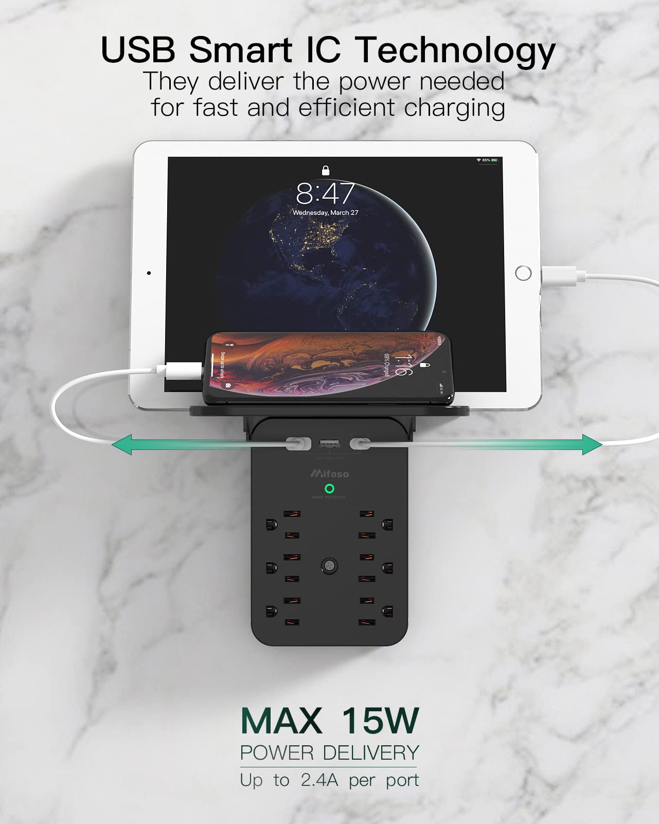 Wall Outlet Extender   Surge Protector 6 Ac Outlets Multi Plug Outlet With Shelf, 2 Usb And Usb C Charging Ports Wall Plug Expander, Usb Wall Charger Outlet Splitter For Home (Black)