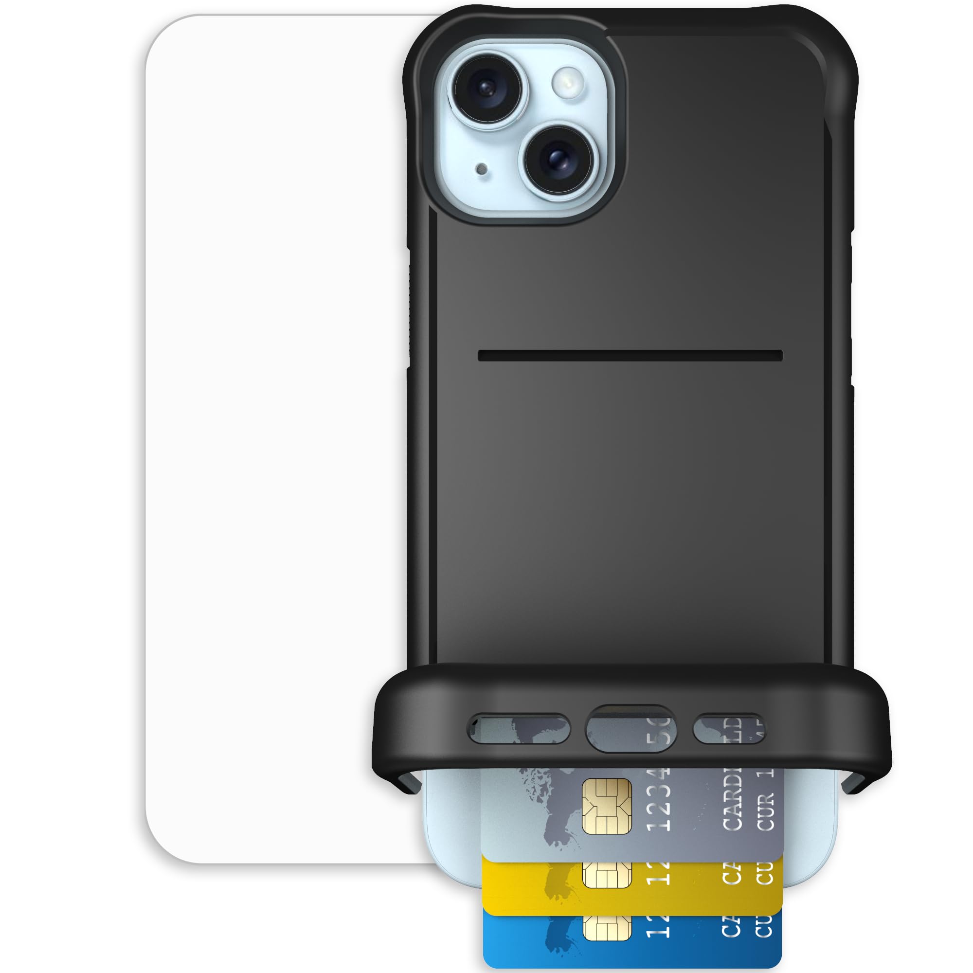 Scooch for iPhone 15 Plus/14 Plus Case with Card Holder, Wingmate Wallet Case Black, Bundled with Tempered Glass Screen Protecto