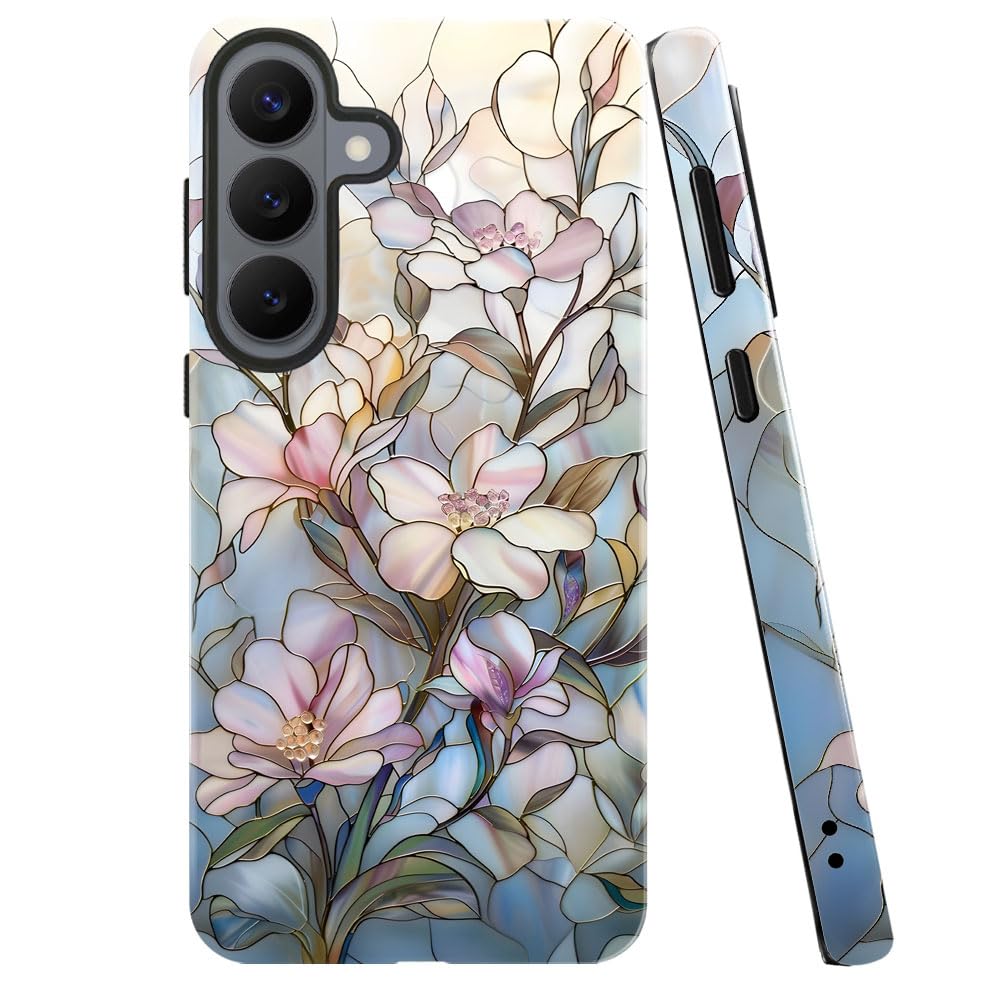 Case for Samsung Galaxy S26 Plus,Stained Glass Floral Magnolia Pattern Phone Case Military-Grade Drop Protection Cover for Women