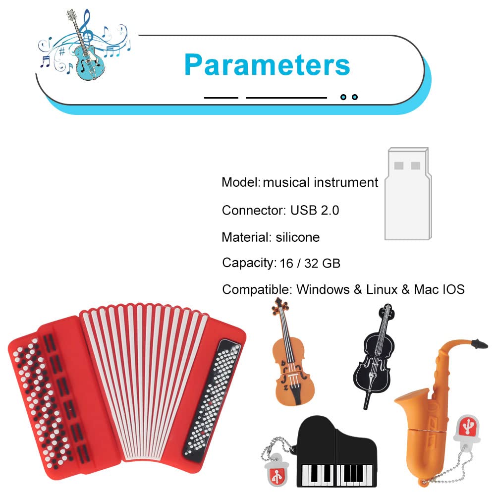 32Gb Usb Flash Drive Pack Of 5 Pcs, Borlterclamp Thumb Drives Memory Stick With Cute Musical Instruments Pattern, Usb Drive Gift For Students, Teachers And Kids
