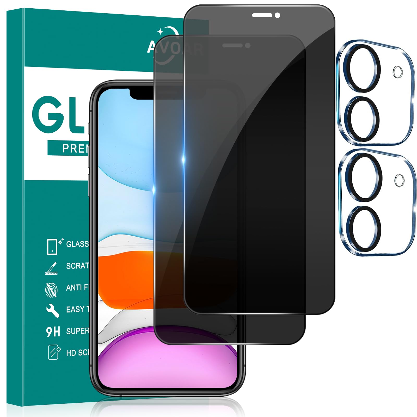 Avoar [2+2 Pack Privacy Screen Protector For Iphone 11 With Camera Lens Protector, 6.1 Inch Tempered Full Screen Glass Accessori