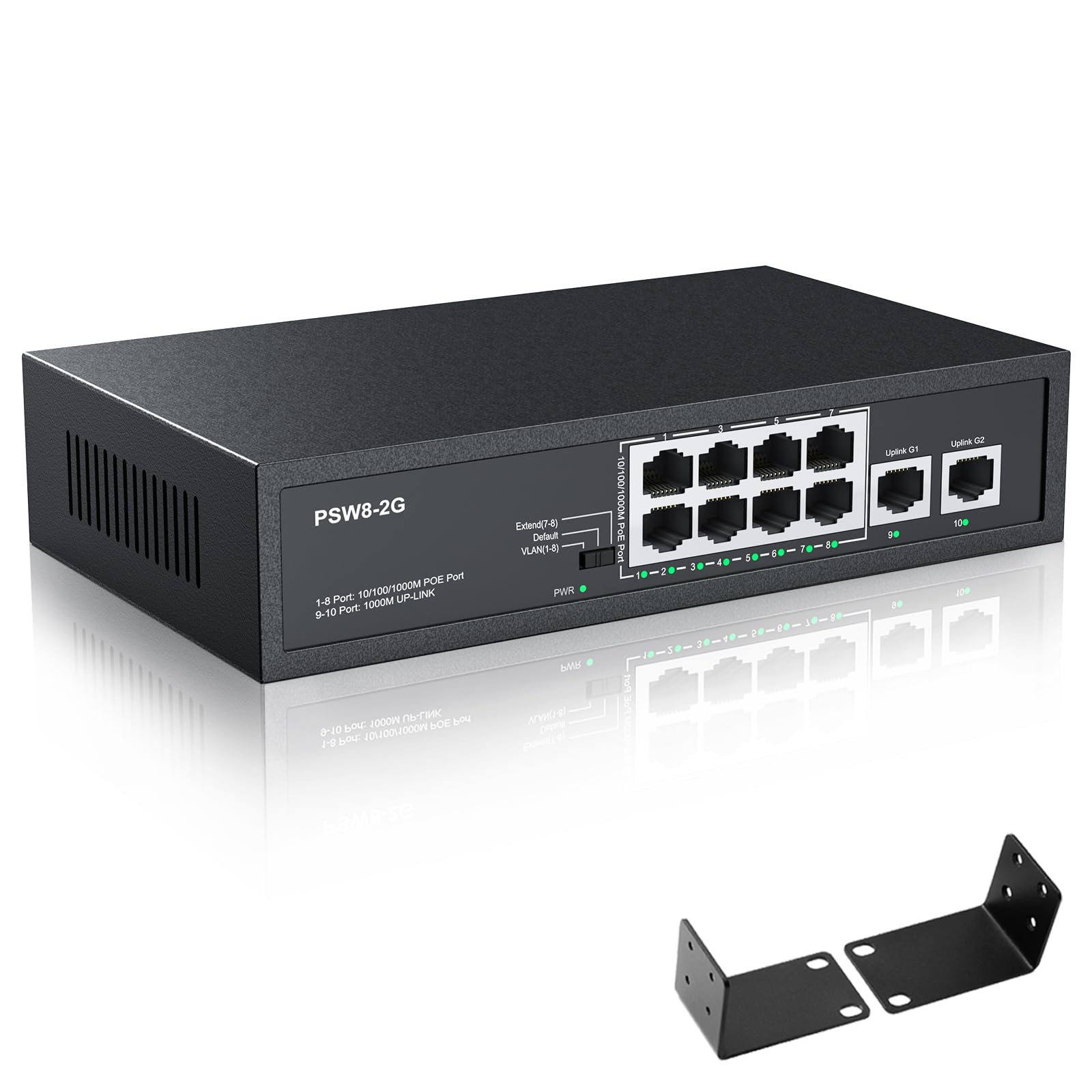 8 Port Full Gigabit Poe+ Switch With Rack Mount Ears, With 2 Gigabit Uplink Ports Up To 30W Per Poe Port, Total Budget 120W, 48