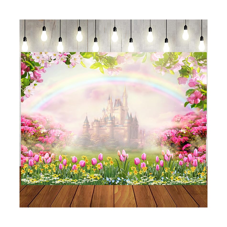 Ltlyh 7X5Ft Spring Backdrop Girl'S Birthday Backdrop Floral Castle Rainbow Nature Scenery Background Kids Girls Children Birthda