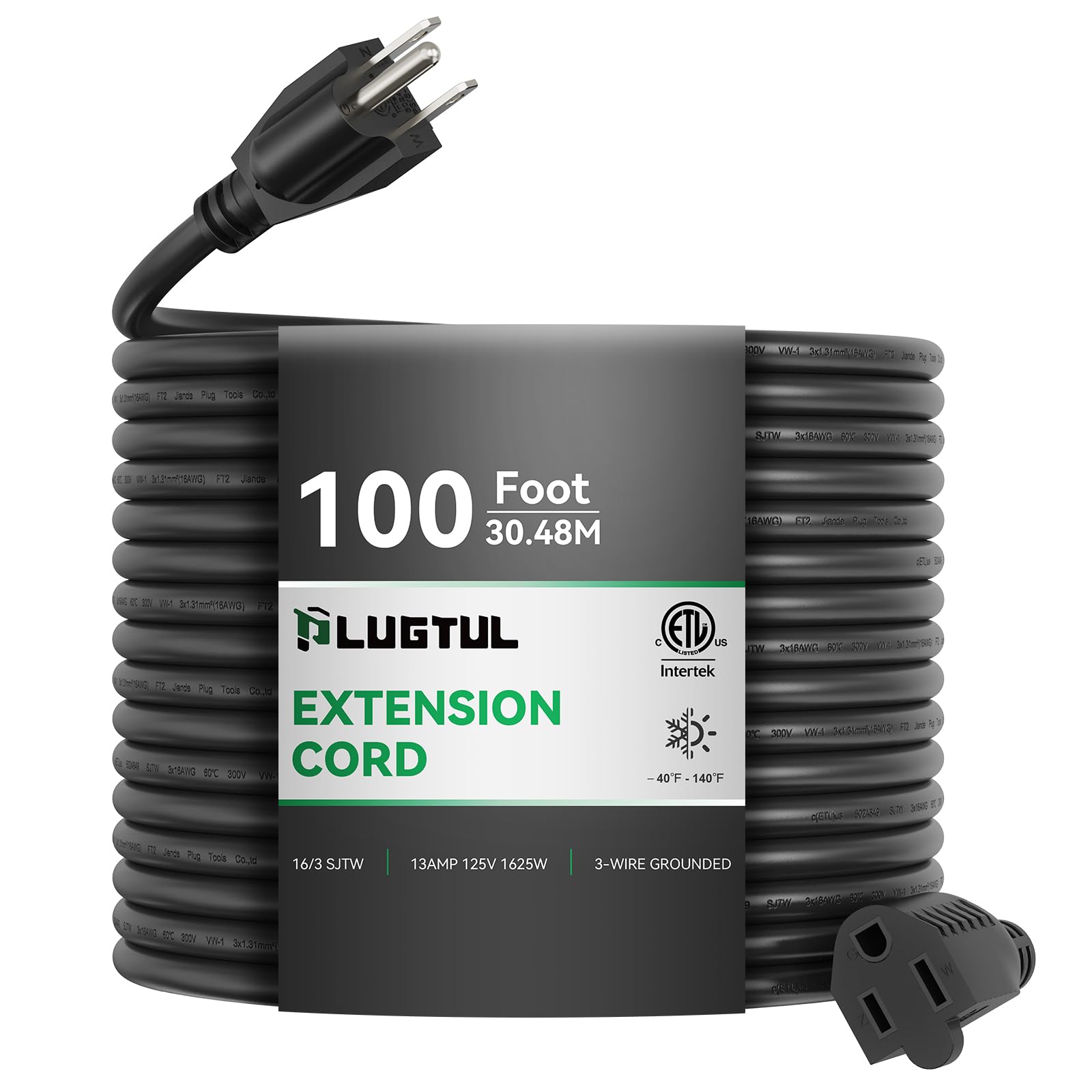 Plugtul 100 Ft Outdoor Extension Cord Waterproof 16/3 Black Heavy Duty 3 Prong Extension Cord, 13A 1625W Sjtw, Etl Listed, Great