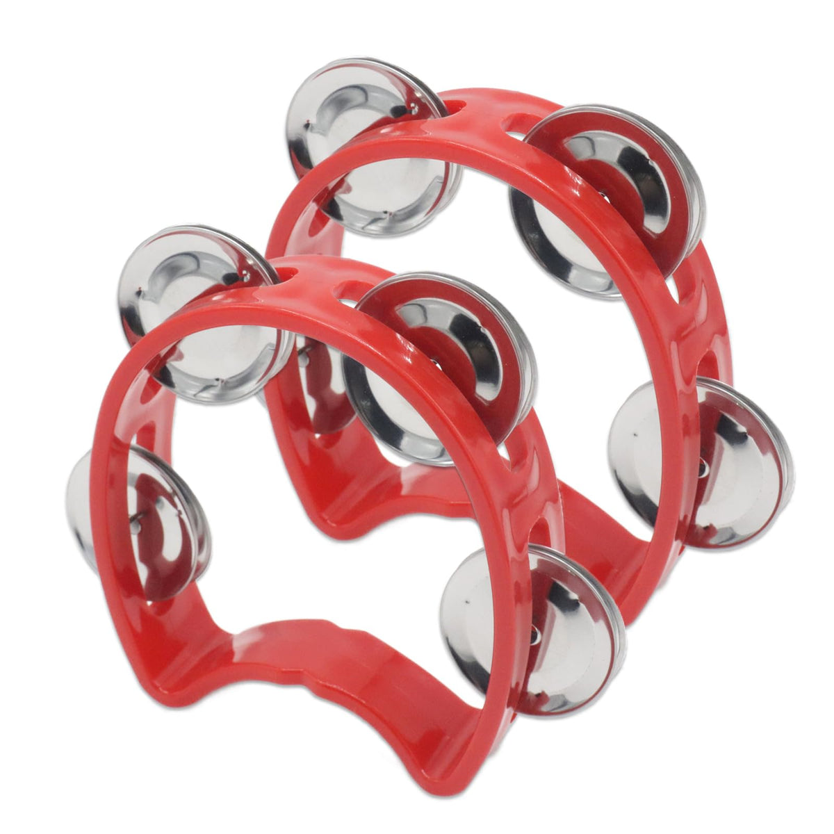Cheerock Pack of 2 Plastic Percussion Handheld Tambourines with 4 Jingle Bells, Red Mini Hand Bell Percussion, Musical Rhythm In