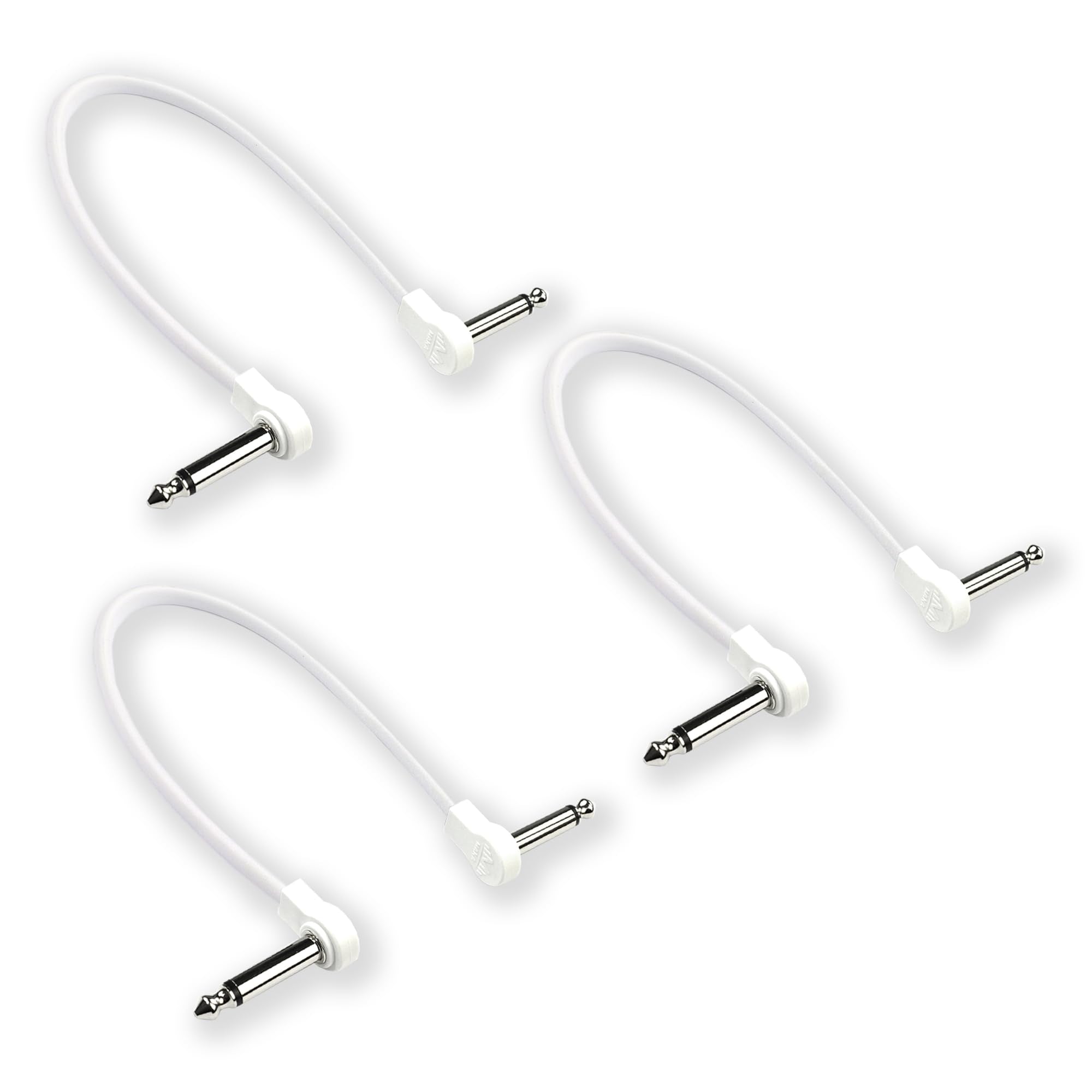 M MAKA Flat Low Profile Guitar Patch Cable 12 inch for Effects Pedals, 1/4 inch Right-Angle, All White, 3-Pack