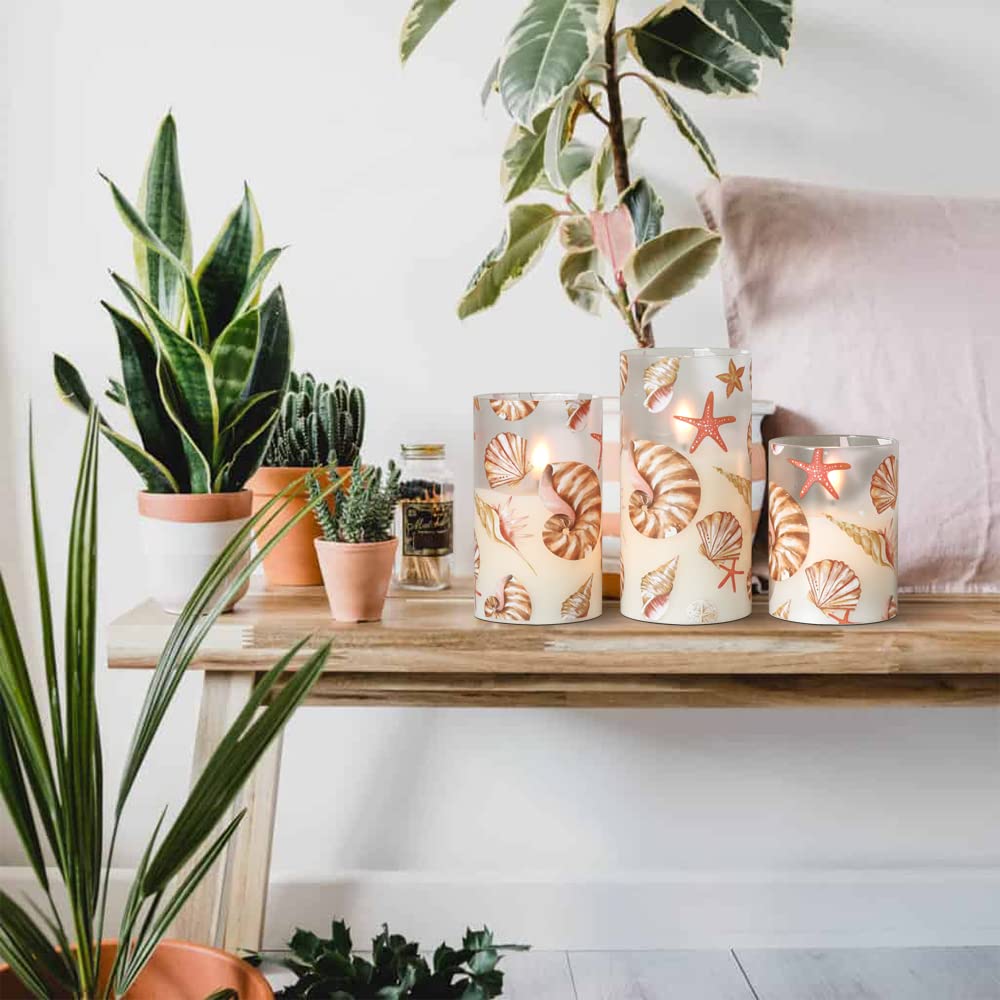 Dromance Seashell Battery Operated Flameless Flickering Candles With Remote Timer 3D Wick Flickering Glass Led Pillar Candles Di