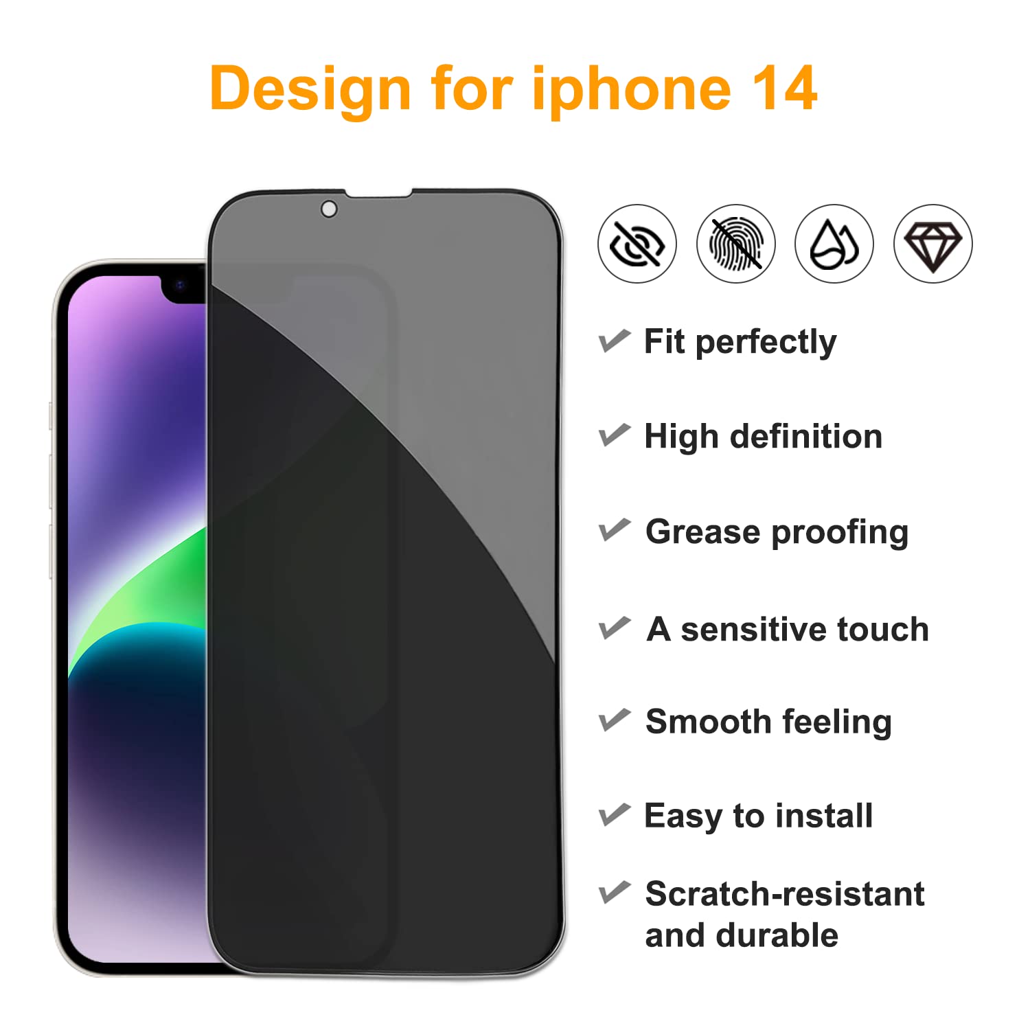Pehael [2+2Pack] Privacy Screen Protector For Iphone 14 With Camera Lens Protector Full Coverage Anti Spy Tempered Glass Film 9H Hardness Upgrade Edge Protection Easy Installation Bubble Free [6.1 Inch]
