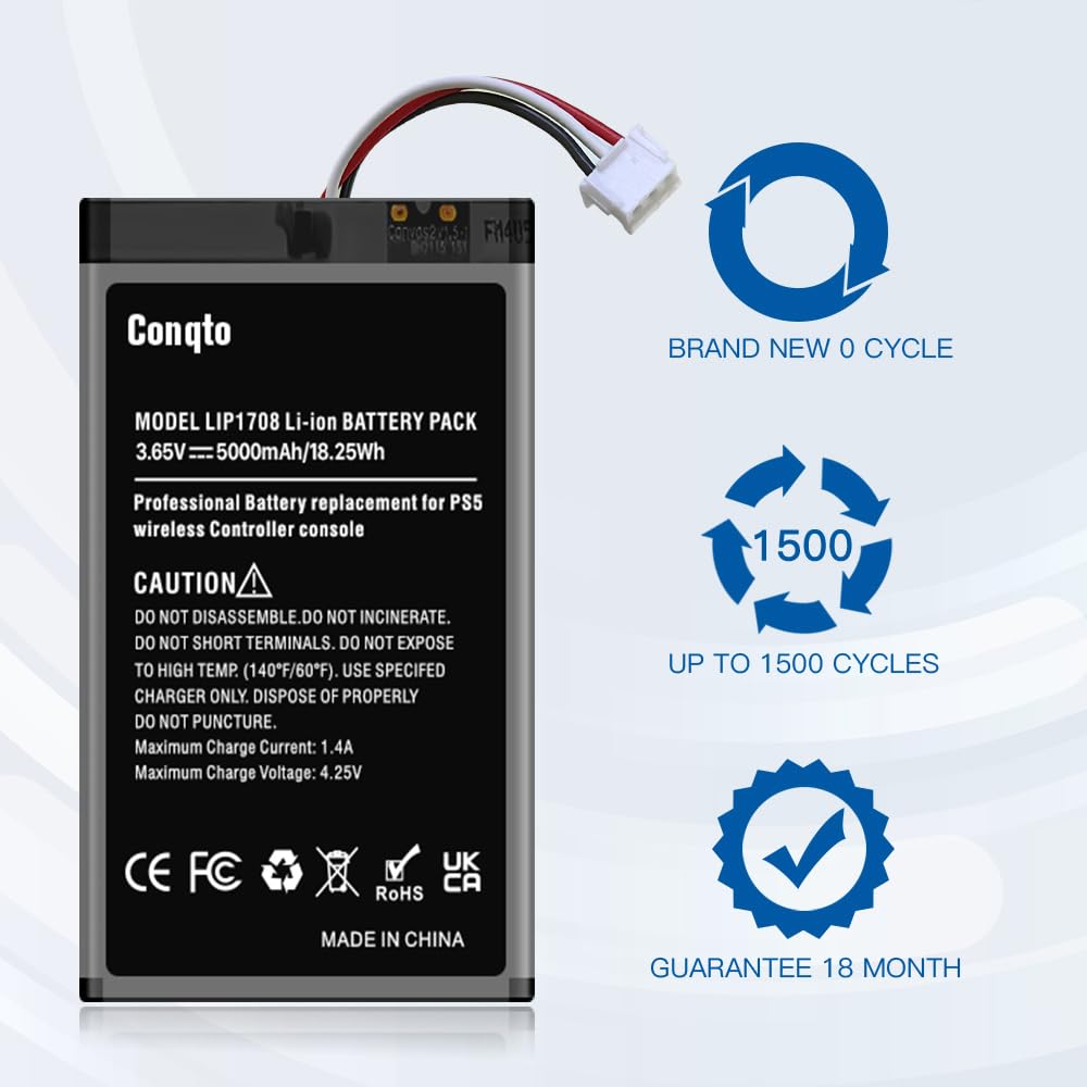 Conqto (2 Pack) 5000mAh Battery for PS5 Controller, High Capacity Replacement for DualSense CFI-ZCT1W with Repair Tool Kit