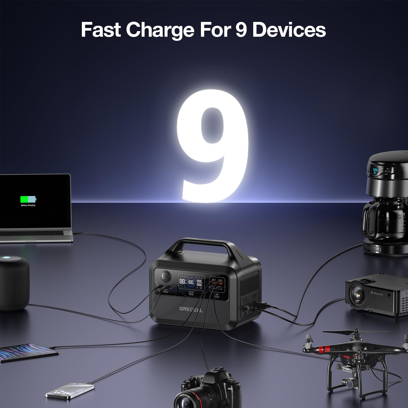 Grecell Portable Power Station 600W(Peak 1200W), 460Wh Lifepo4 Battery, 1.5Hrs Fast Charging, 110V Pure Sine Wave Ac Outlet Back