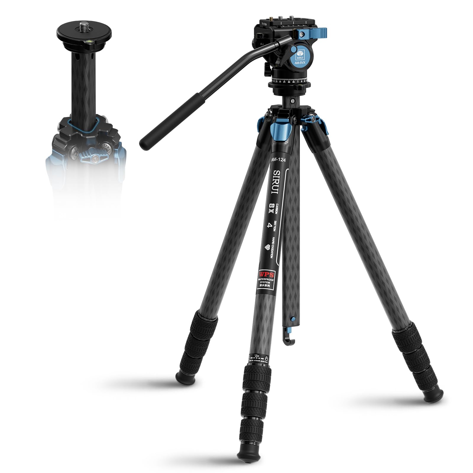 Sirui Am 124 Carbon Fiber Tripod With Am 5Vx Fluid Head, 65.6� Compact Video Camera Tripod For Travel, Triangular Center Column, Side Loading Qr Plate, Waterproof Twist Lock, Loads 6.6Lbs