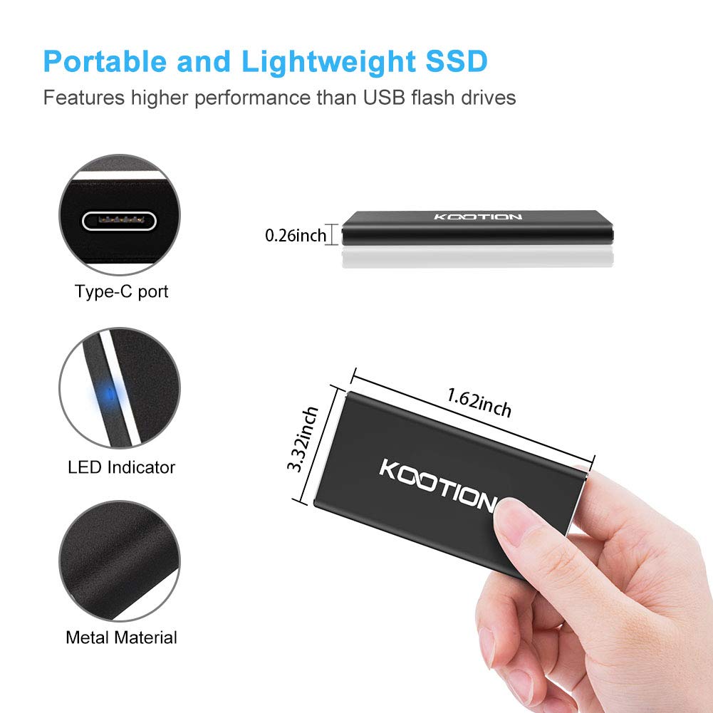 Kootion External Ssd 250Gb Portable Ssd High Speed Solid State Drive, Read Up To 500Mb/S & Write Up To 450Mb/S