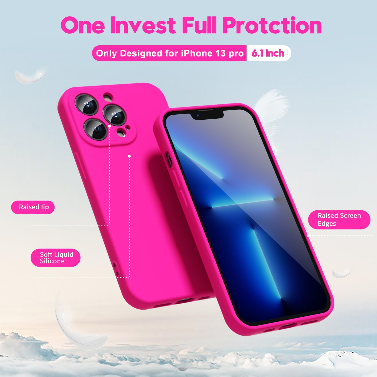 Oakxco For Iphone 13 Pro Phone Case Liquid Silicone, Fluorescent Bright Solid Color, Cute Thin Slim Soft Rubber Tpu Plain Smooth