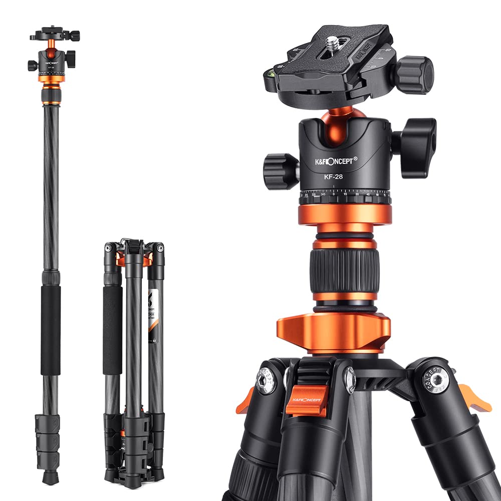 K&F Concept 63' Carbon Fiber Camera Tripods,D254C1+Bh 28L Compact Tripod With Detachable Monopod, Metal Ball Head 10Kg Load Capacity With Quick Release Plate For Slr Dslr Digital Camera/Camcorder
