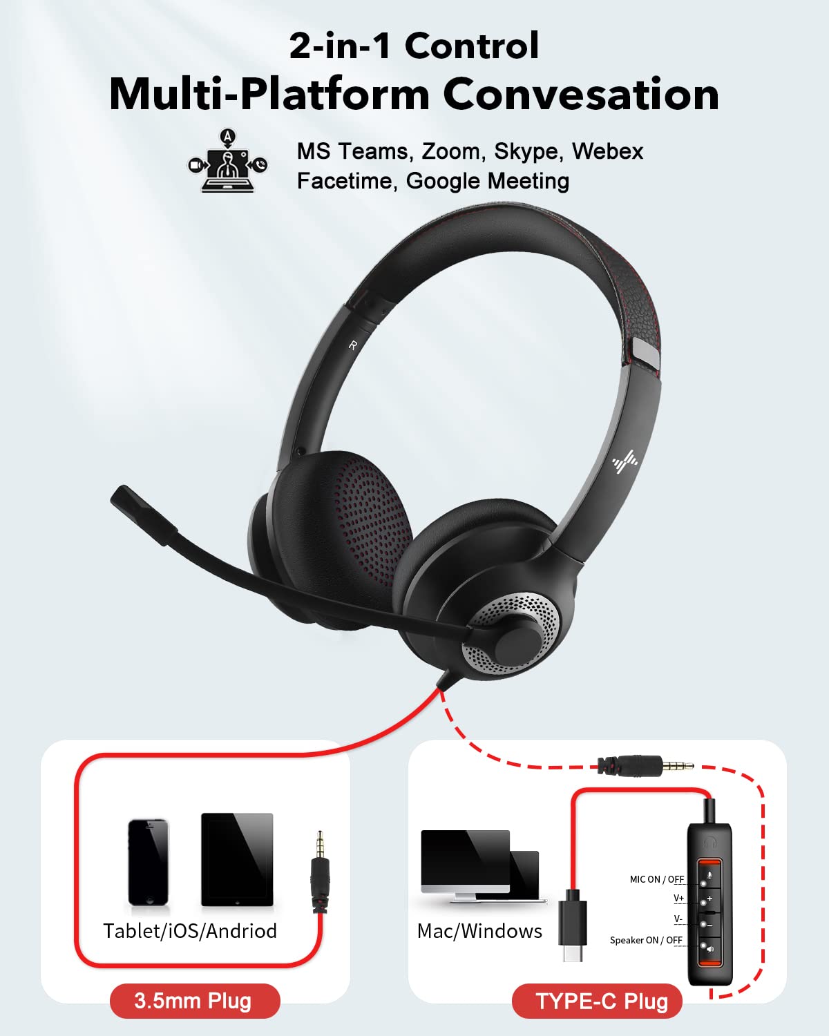 Jiamqishi Headset With Microphone For Pc Wired Headphones   Type C Over Ear 3.5Mm Headsets With Noise Cancelling Microphone For