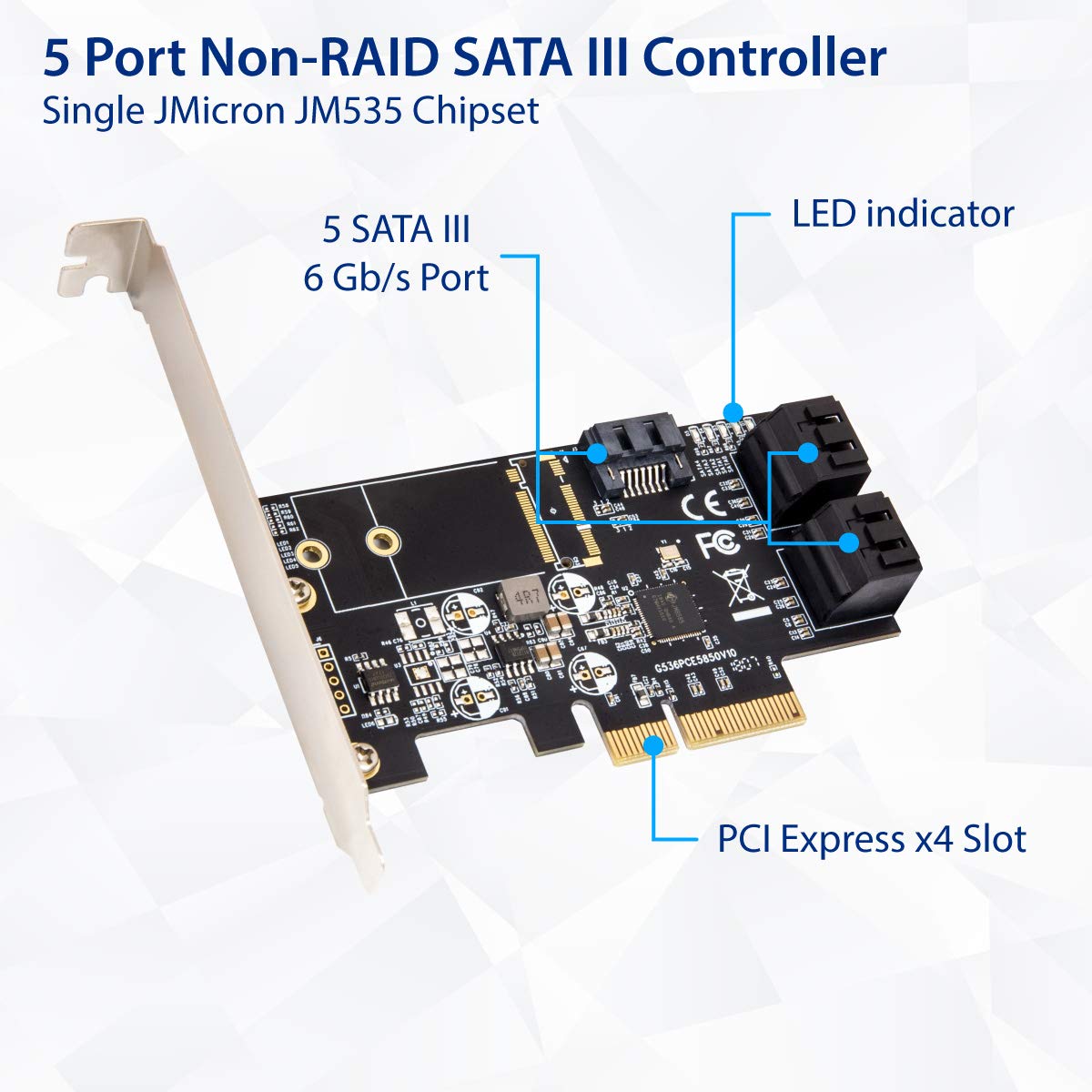 Internal 5 Port Non-Raid Sata Iii 6Gb/S Pci-E X4 Controller Card For Desktop Pc Support Ssd And Hdd With Low Profile Bracket. Jm