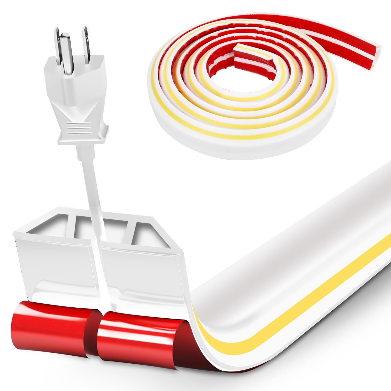 10Ft White Floor Cord Cover, Self 2'' (W) X 0.6''(H), 3 Cord Channels, Adhesive Power Cable Protector, Silicone Cord Protector,