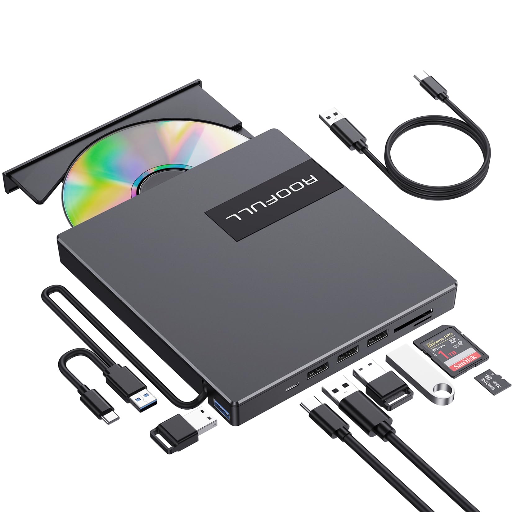 Roofull External Cd Dvd Drive Usb 3.0 Usb C With 4*Usb Ports And Sd/Tf Card Slot, Portable Cd Dvd Player Burner Optical Disc Rom