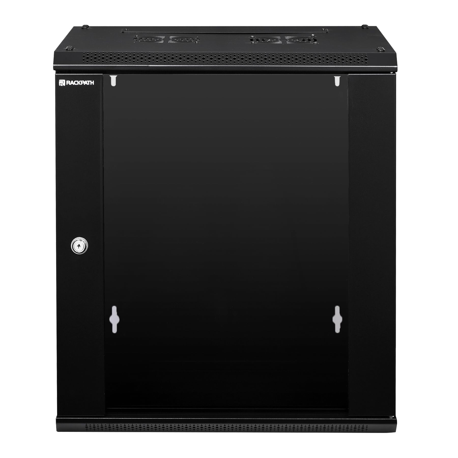 Rackpath 12U Performance Wall Mount Server Cabinet Network Rack Enclosure, Quiet Cooling Fan, Locking Glass Door, Black