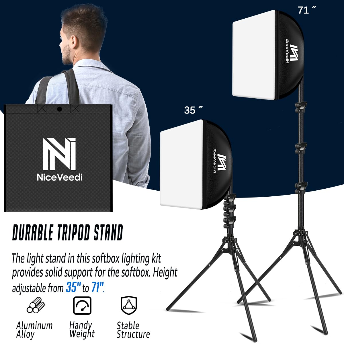 Softbox Lighting Kit, Niceveedi 16'' X 16'' Softbox Photography Lighting Kit With 63    Tripod Stand & 5400K 450W Equivalent Led