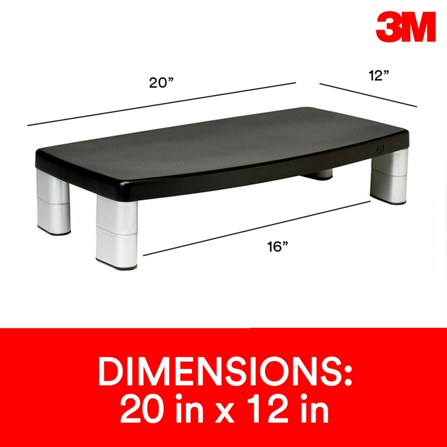 3M Extra Wide Adjustable Monitor Stand, Three Leg Segments Simply Adjust Height From 1'' To 5 7/8'', Sturdy Platform Holds Up To