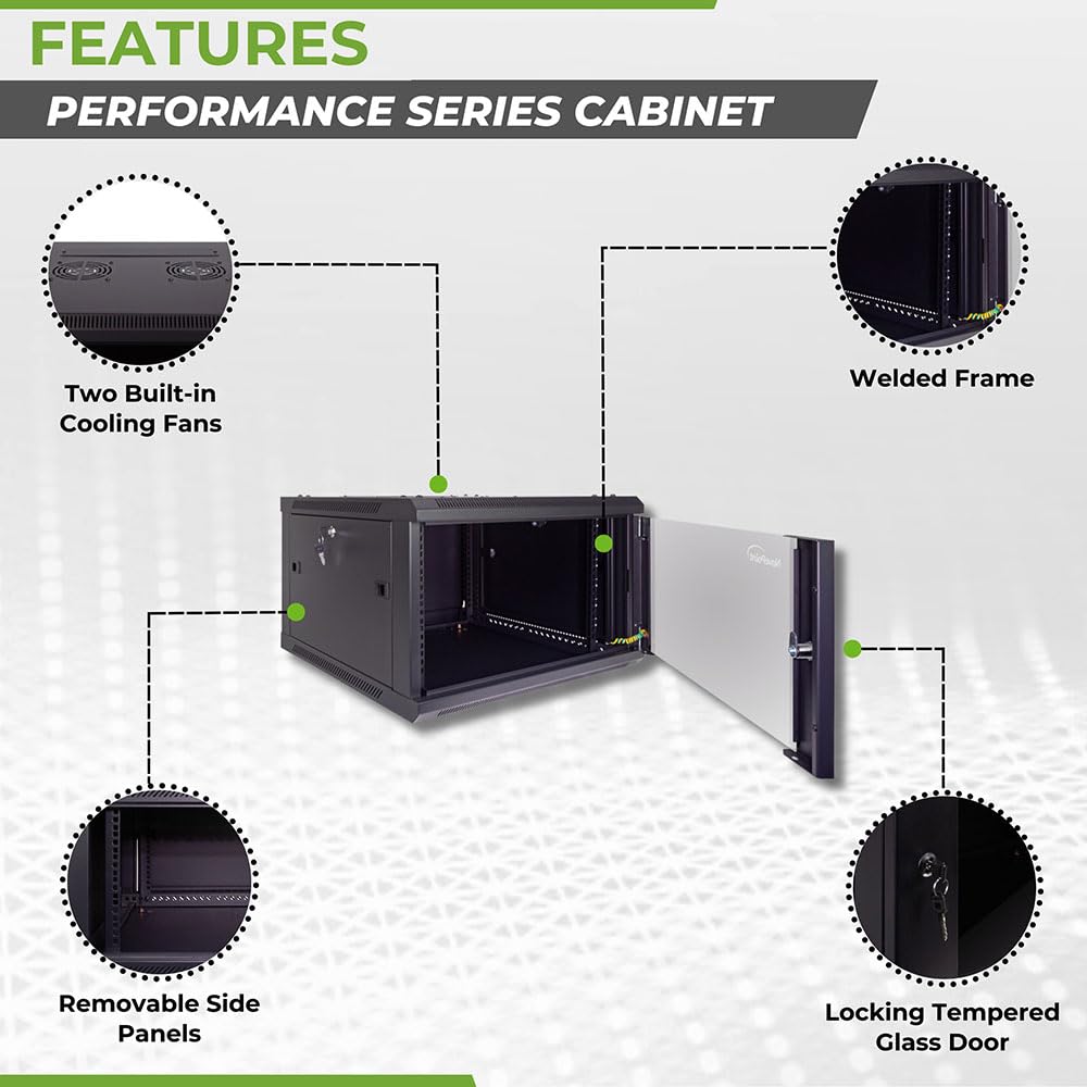 Navepoint 6U Server Cabinet Wall Mount Rack Enclosure Includes 2 Fans, Locking Glass Door, Removable Side Panels   6U Network Ca