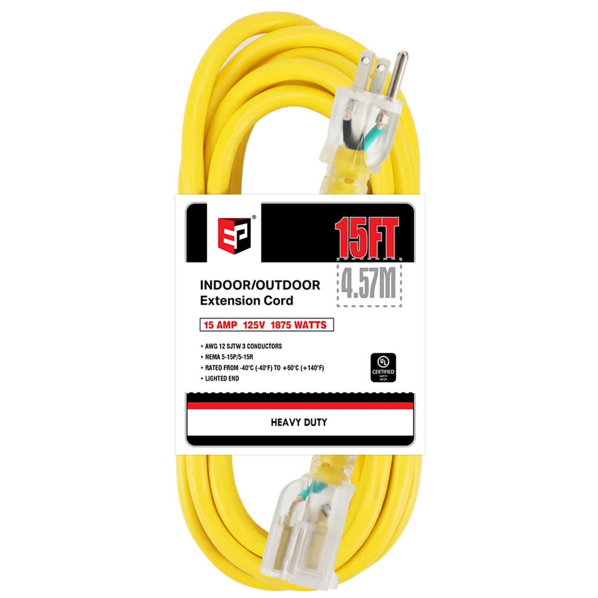Ep 15 Ft Lighted Outdoor Extension Cord   12/3 Sjtw Heavy Duty Yellow Extension Cable With 3 Prong Grounded Plug   15Amp Power C