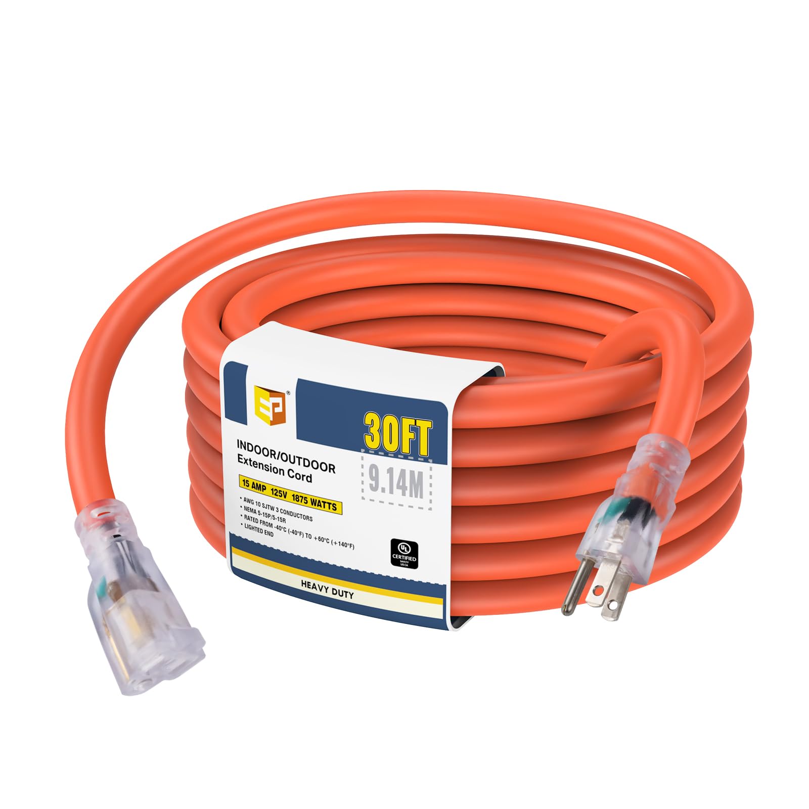 Ep 30 Ft Lighted Outdoor Extension Cord   10/3 Sjtw Heavy Duty Orange Extension Cable With 3 Prong Grounded Plug For Safety, Ul