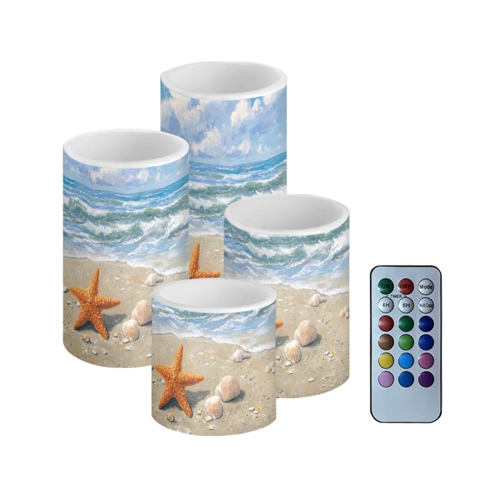 Netilgen Beach Starfish Seashell Flickering Flameless Candles With Battery Operated Color Changing Timer Remote Control Led Pill