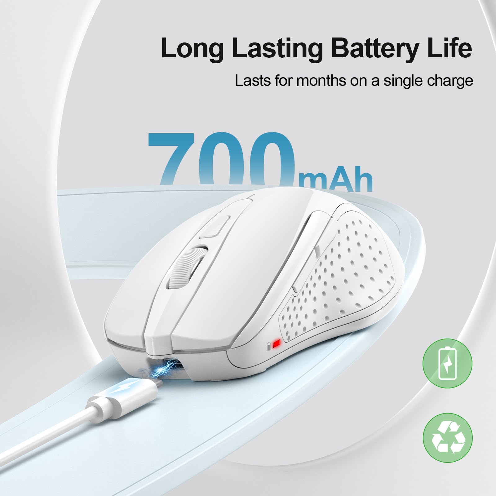 Tecknet Wireless Mouse (Bt5.0/3.0 & 2.4G) Rechargeable 4800 Dpi Silent Mouse 6 Buttons Bluetooth Mouse, Usb A Mouse Wide Compatibility   White