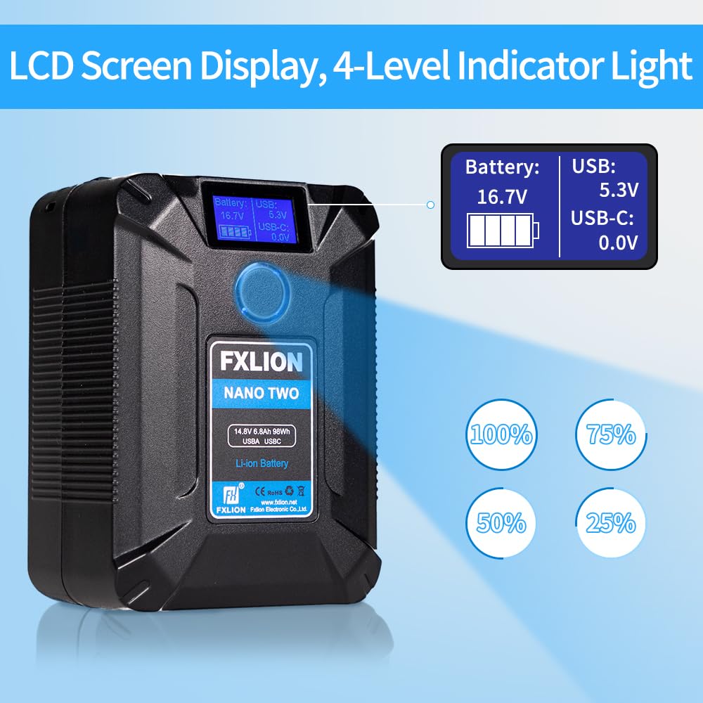 Fxlion Nano Two V Mount Battery,98Wh 14.8V 6800Mah Rechargeable Portable V Lock Battery With Lcd Screen,D Tap,Usb A,Usb C Ports