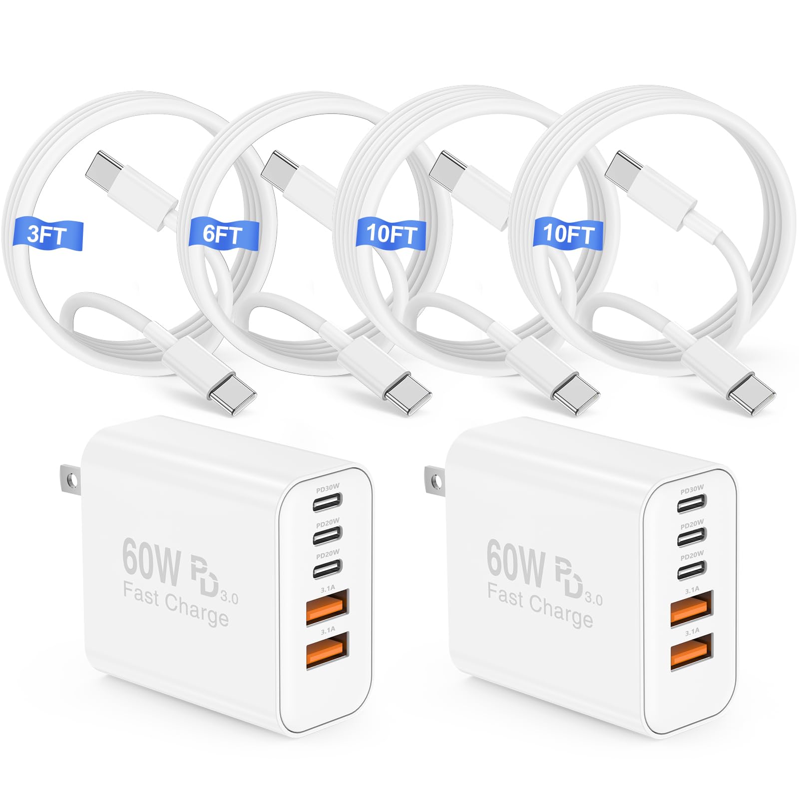 60W USB C Charger Block, 3USB C & Dual USB Port Charging Plug/3+6+10+10ft Type C Cable Cord Long, USB Type C Adapter for Apple i